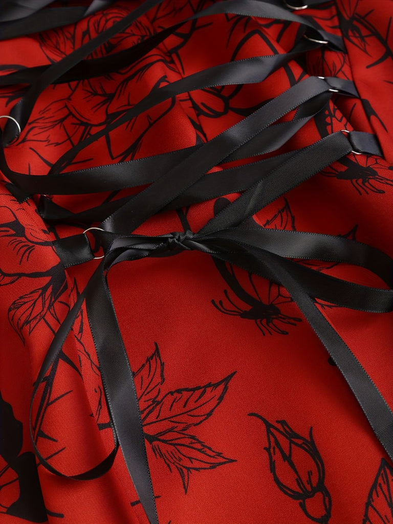 [Übergröße] 1970er Rose Blumen Steampunk Reißverschluss Kleid