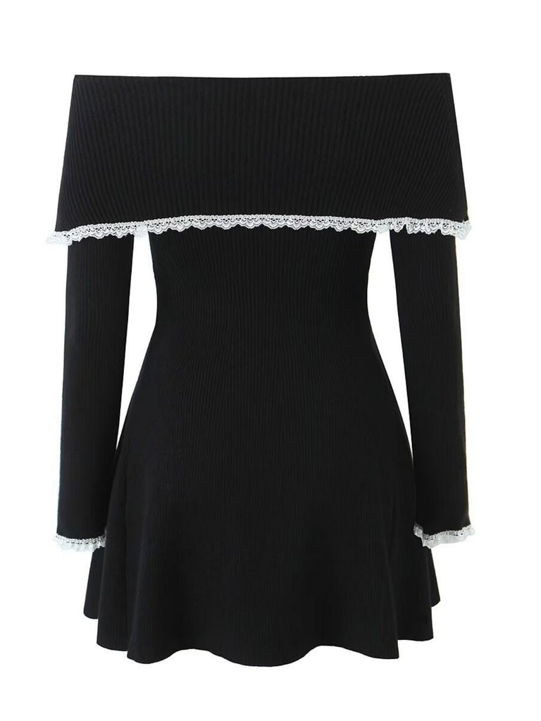 Weiß 1970er Schulterfrei Spitze Stricken Kleid
