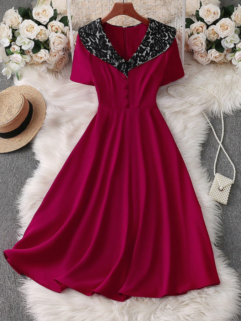 Rot 1950er Spitze Blumen Matrosen Kragen Swing Kleid