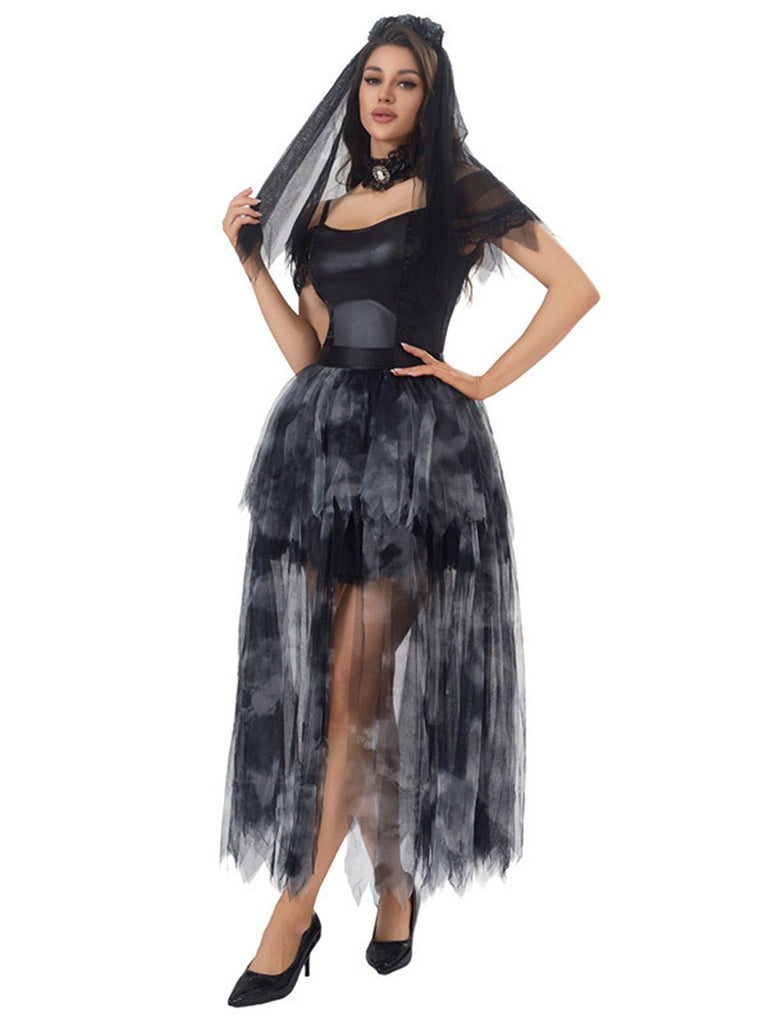 Schwarz 1970er Halloween Geisterbraut Tüll Kleid Set