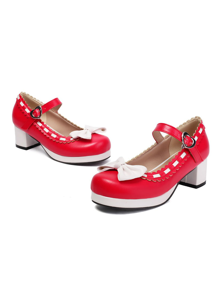 Klobiger Absatz Farbblock Bogen Marry Jane Schuhe