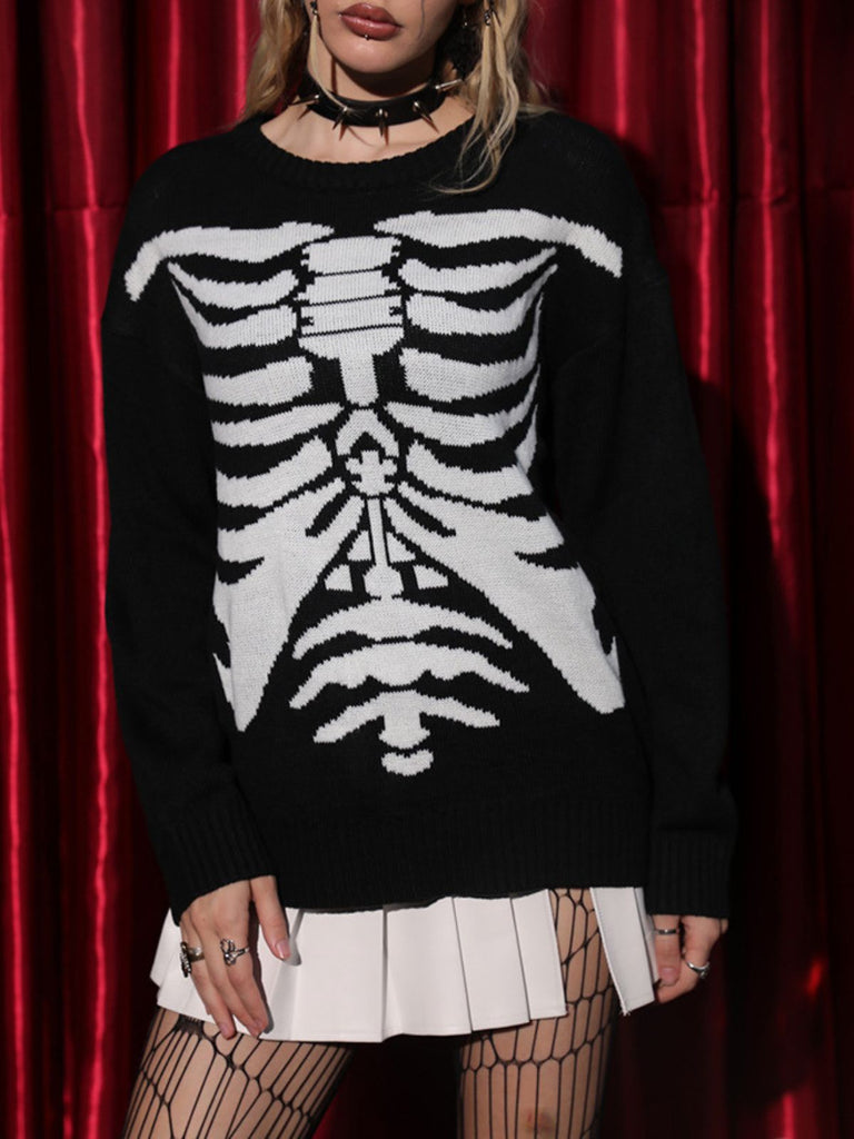 Schwarz 1950er Halloween Skeleton Druck Strick Pullover