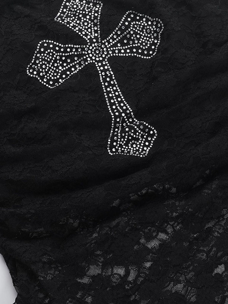 Schwarz 1980er Kreuzen Strassstein Spitze Trägerlos Tank Top