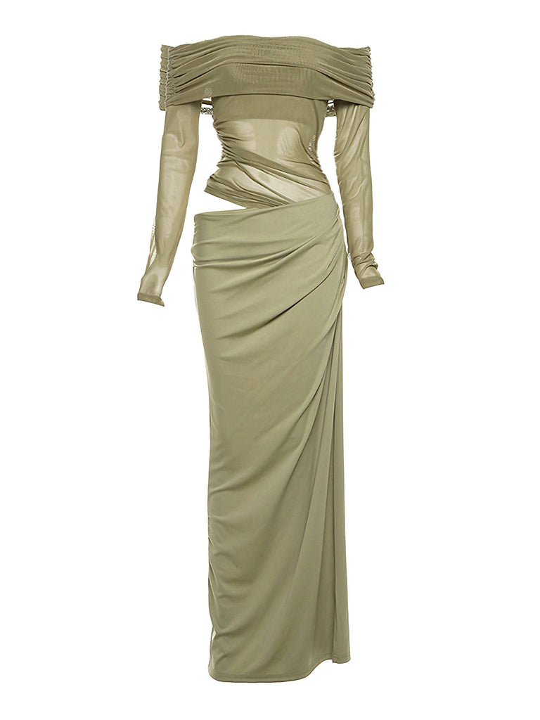 1980er Solide Schulterfrei Netz Cut-Out Durchsichtig Kleid