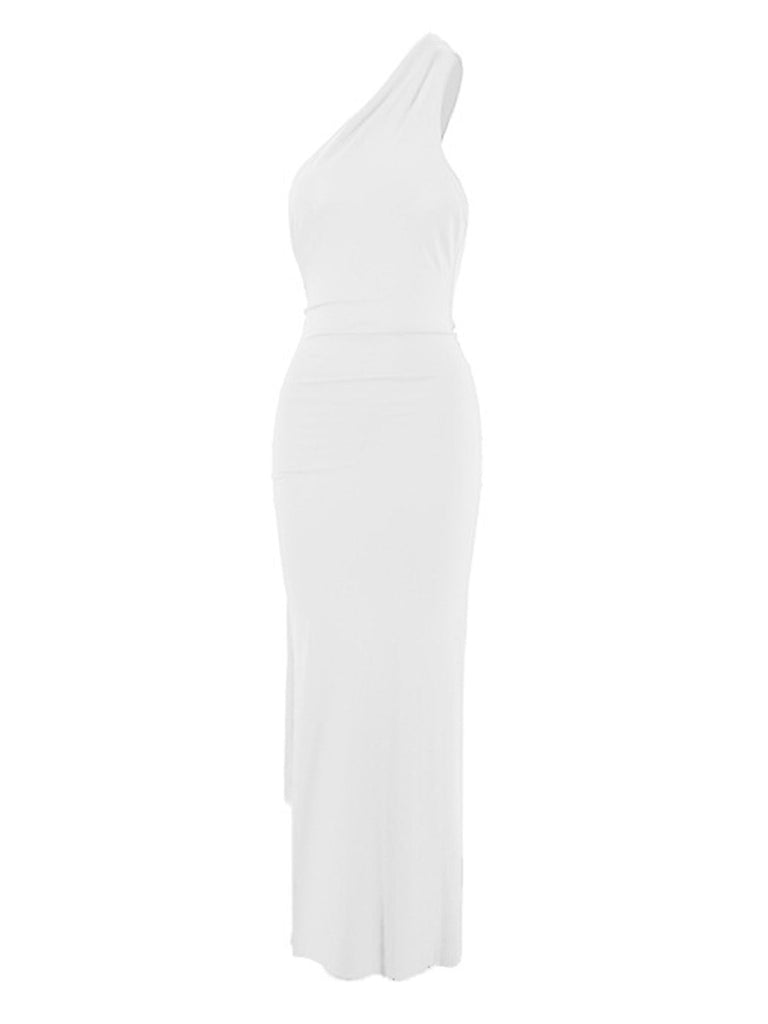 1980er Solide Eine Schulter Rückenfrei Abend Kleid mit Schleppe