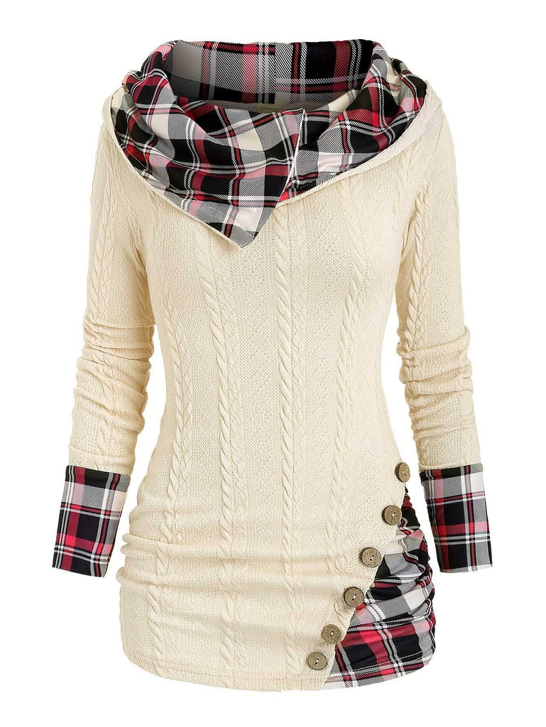 1940er Stricken Plaid Tasten Hooded Pullover