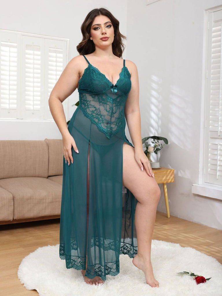 [Übergröße] 1930er Netz Spitze Spaghetti Träger Schlitz Nachthemd