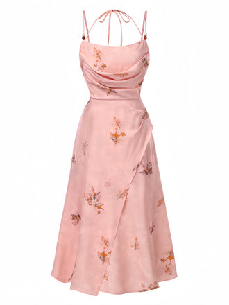 Rosa 1930er Halter Träger Blumen Satin Kleid