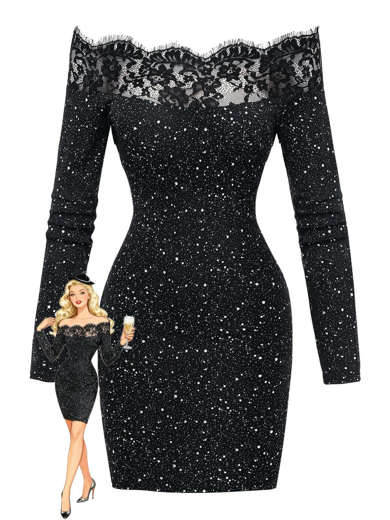 Schwarz 1980er Spitze Schulterfrei Silber Spritzer Enges Kleid