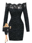 Schwarz 1980er Spitze Schulterfrei Silber Spritzer Enges Kleid