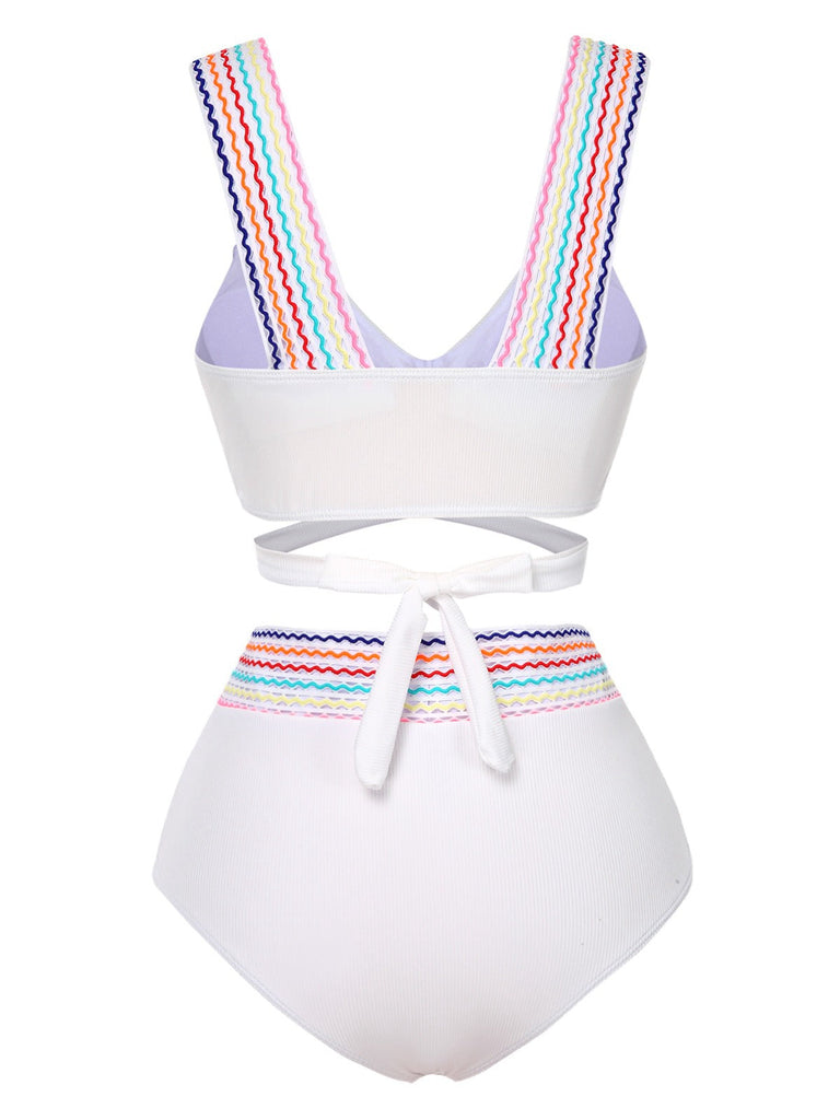 1940er Regenbogen Schnürung Patchwork Gurt Bikini Set