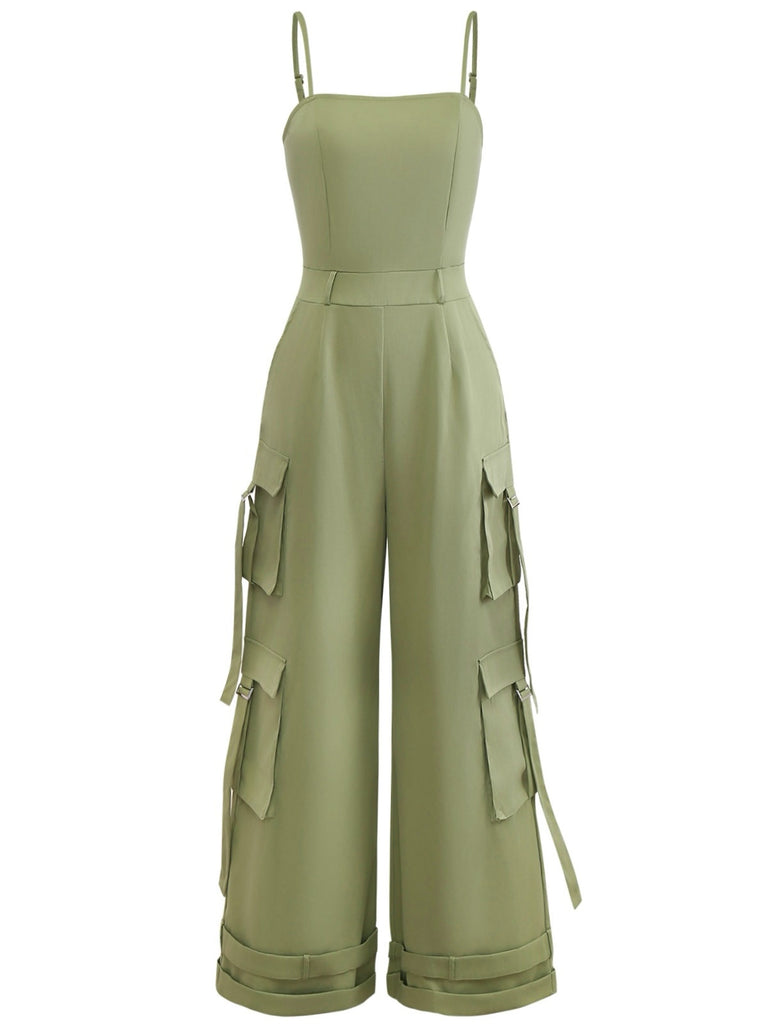 1970er Solide Spaghetti Träger Cargo Stil Weitbeinig Jumpsuit