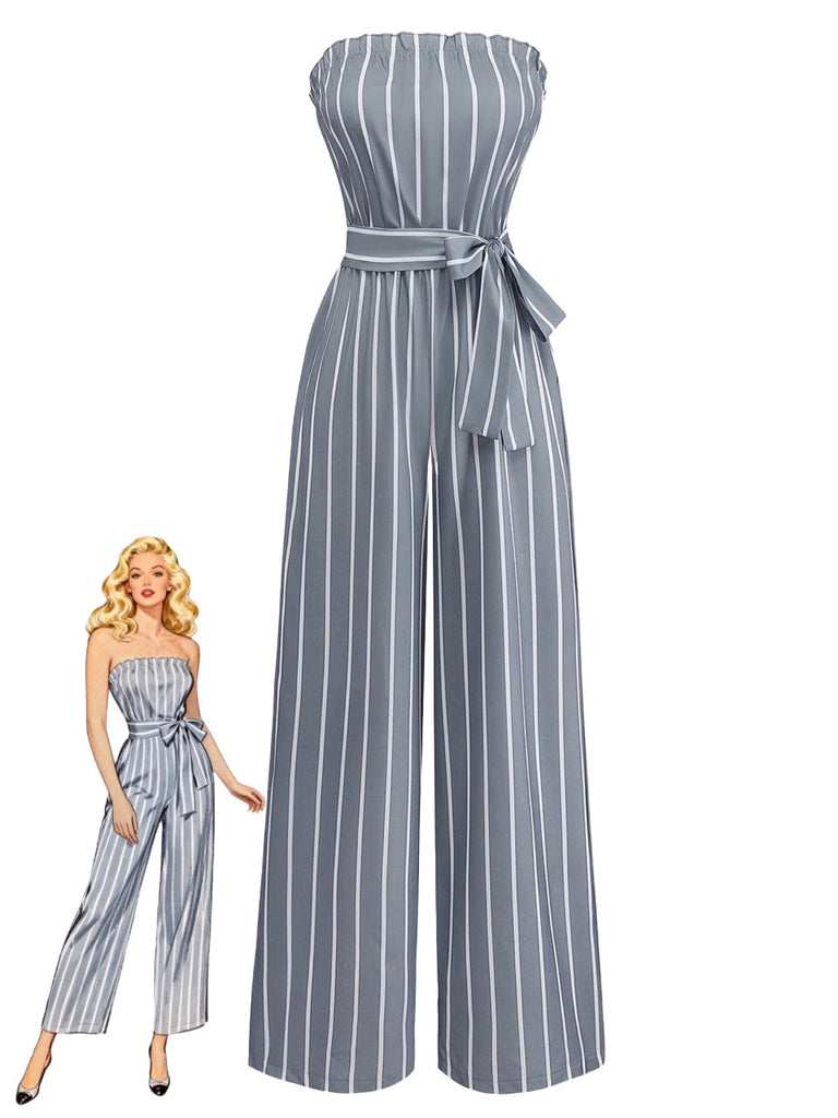 Grau 1930er Trägerlos Streifen Gegürtet Jumpsuit