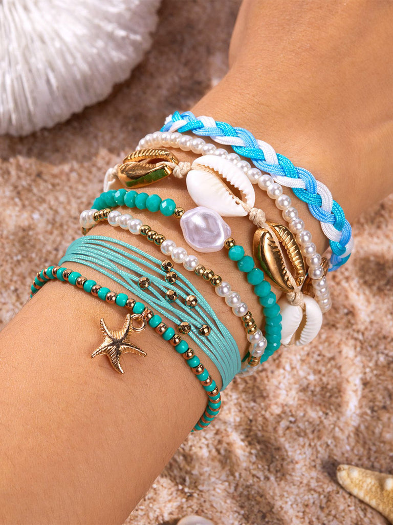 7PCS Blau Muschel Perlen Geflochten Mehrlagig Armband-Set