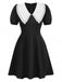 Schwarz 1960er Spitze Kragen Puffärmel Kleid