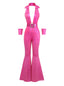 Rosa 1970er Metallisch Tief V-Ausschnitt Disko Jumpsuit