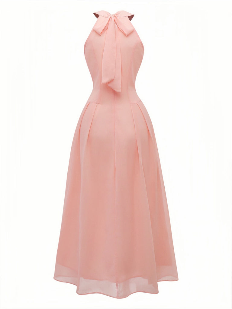 Pfirsich 1940er Halter Cutout Knopfleiste Maxi Kleid
