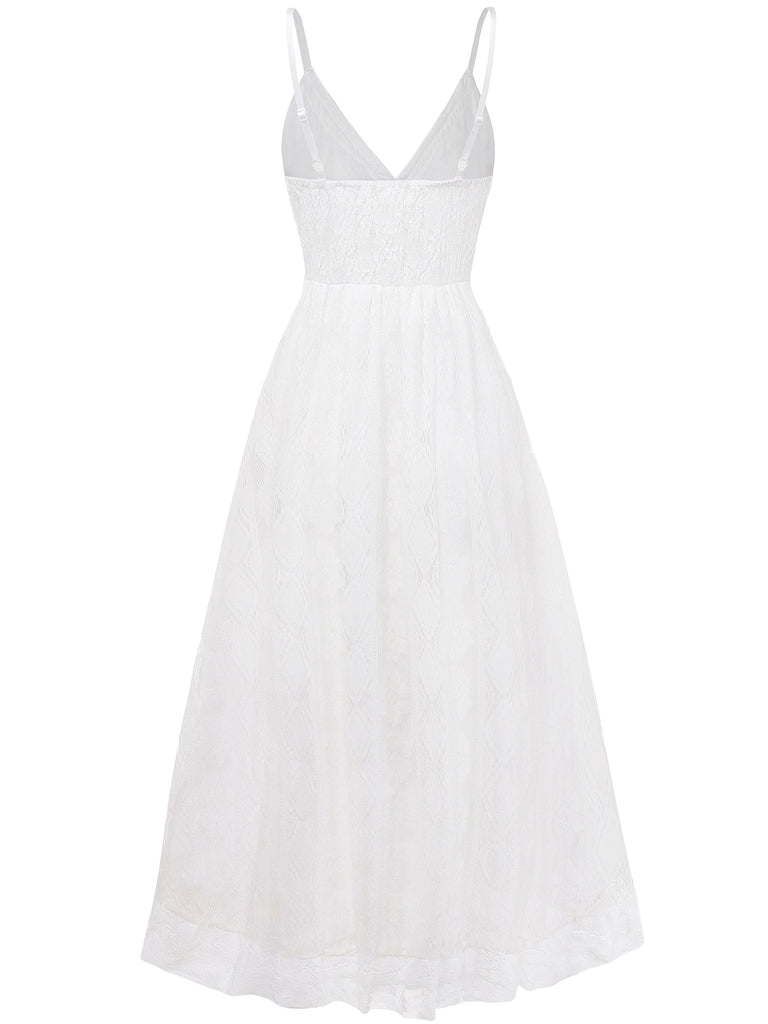 Weiß 1970er V-Ausschnitt Boho Spitze Maxi Kleid