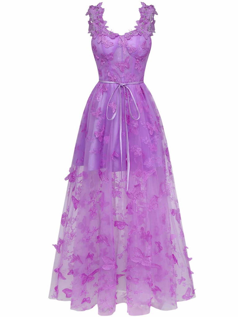 1930er Spaghetti Träger 3D Schmetterlinge Netz Maxi Kleid