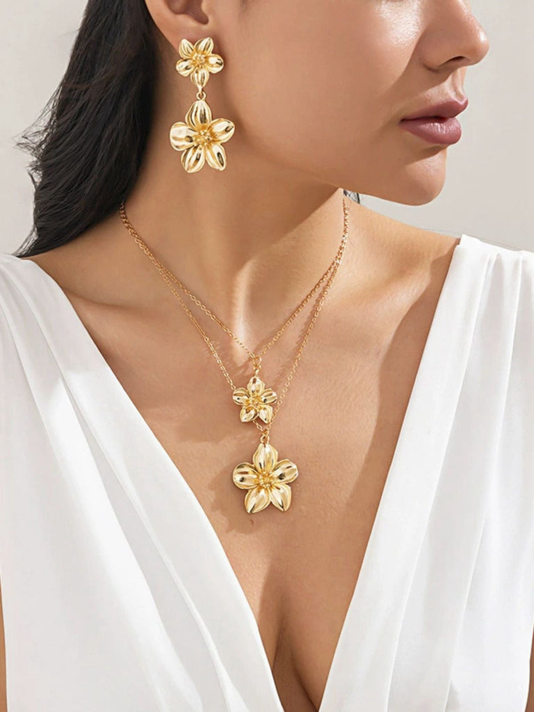 Blumen Doppelte Schlüsselbeinkette & Ohrringe Set