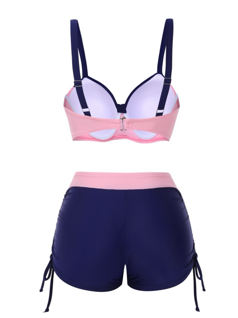 Rosa & Blau 1940er Träger Diamant Schnürung Bikini Set