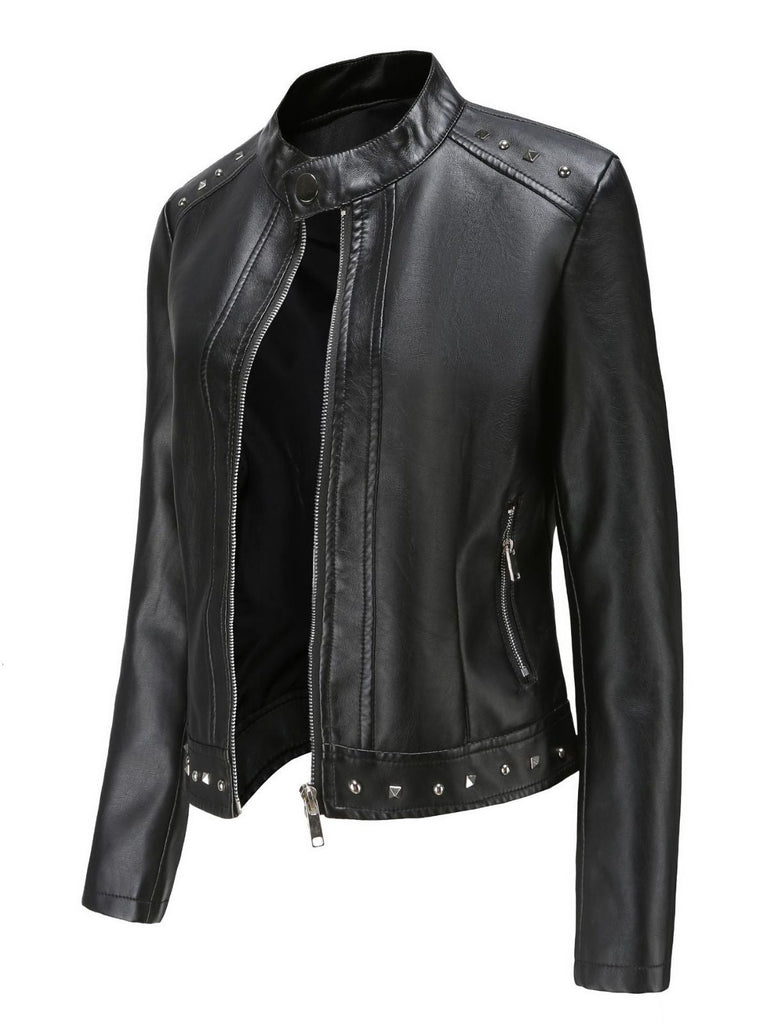 1940er Solide Nietenbesetzter Stehkragen Leder Jacke