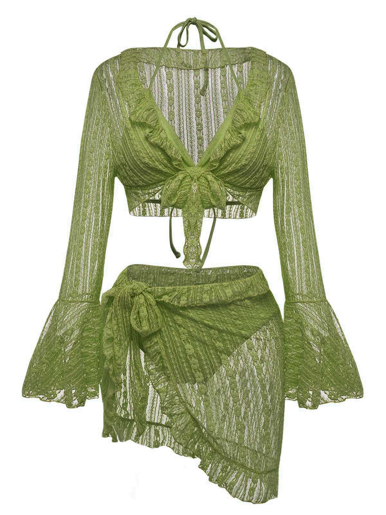 4PCS 1970er Halter Bikini Set & Transparent Glockenärmel Cover-Up