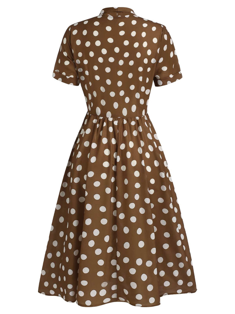 [Vorverkauf] Braun 1940er Revers Knöpfen Polka Dots Kleid