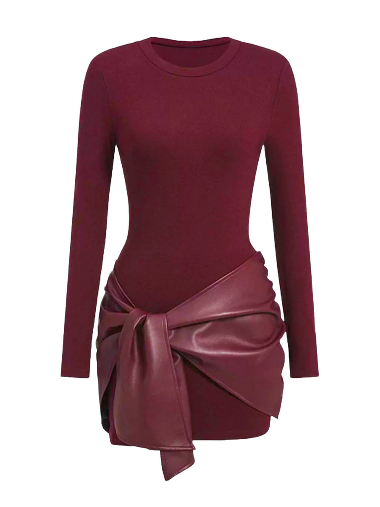 1980er Faux Leder Bogen Langarm Kleid