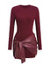 1980er Faux Leder Bogen Langarm Kleid