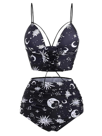Schwarz 1980er Träger Galaxie-Druck Gothic Bikini Set