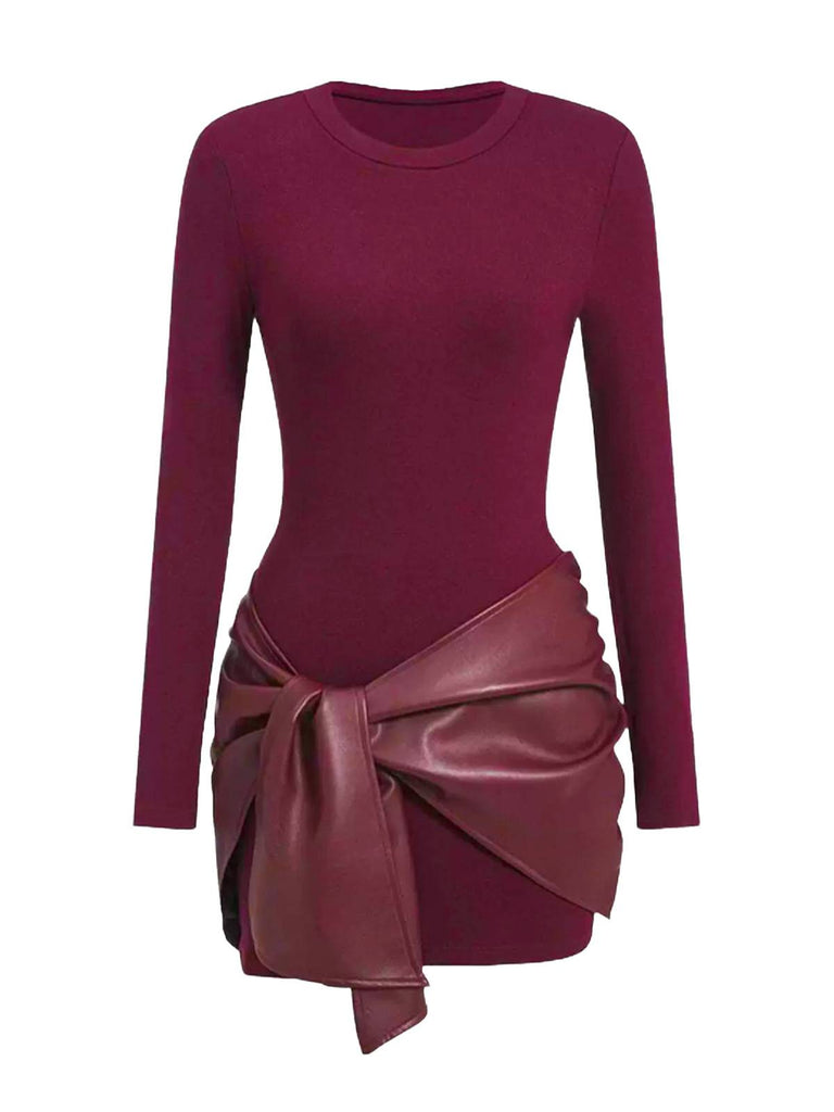 1980er Faux Leder Bogen Langarm Kleid