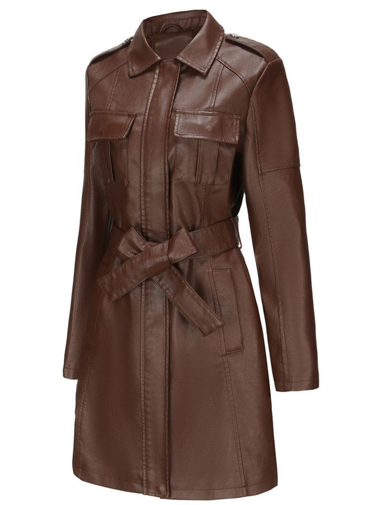 1960er Revers Gürtel Lang Leder Mantel