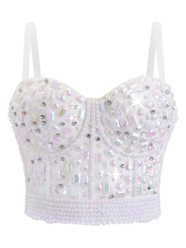 1970er Strassstein Perle Spaghetti Träger Korsett Top