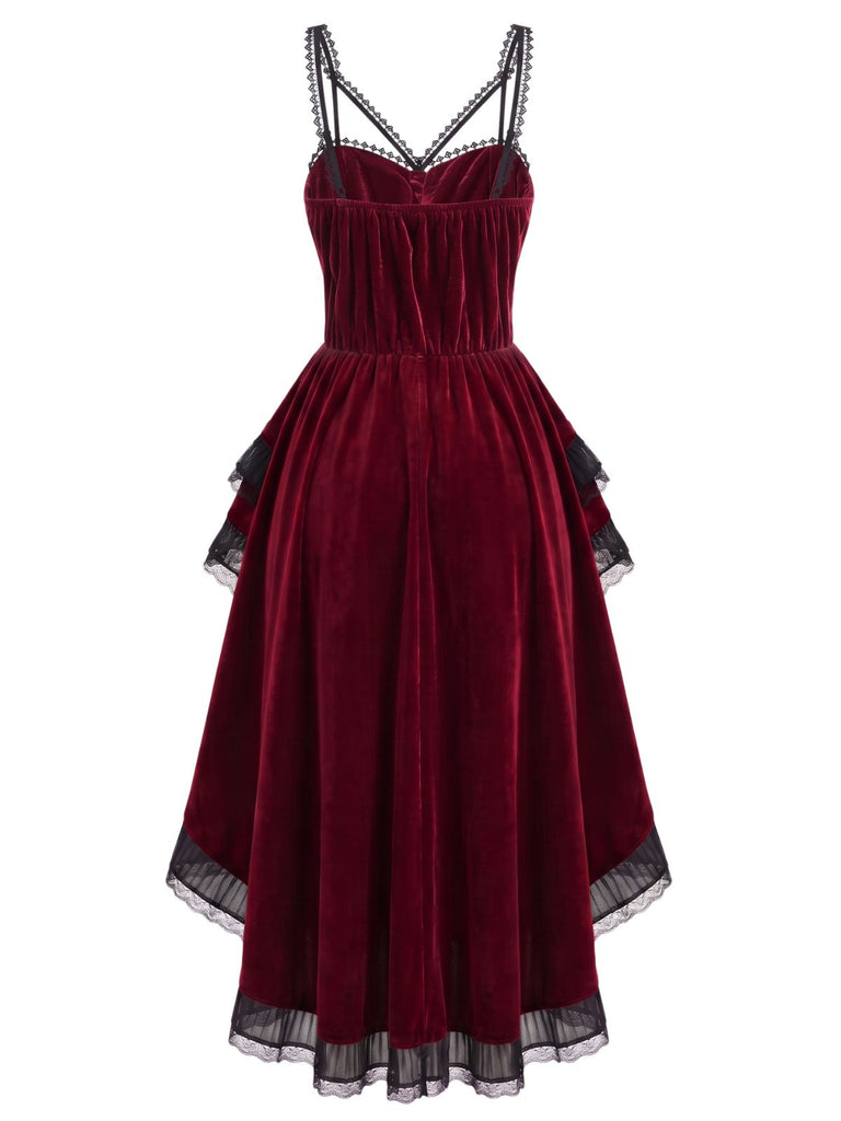 40er Halloween-Gothic-Kleid aus Samt mit asymmetrischer Schleppe