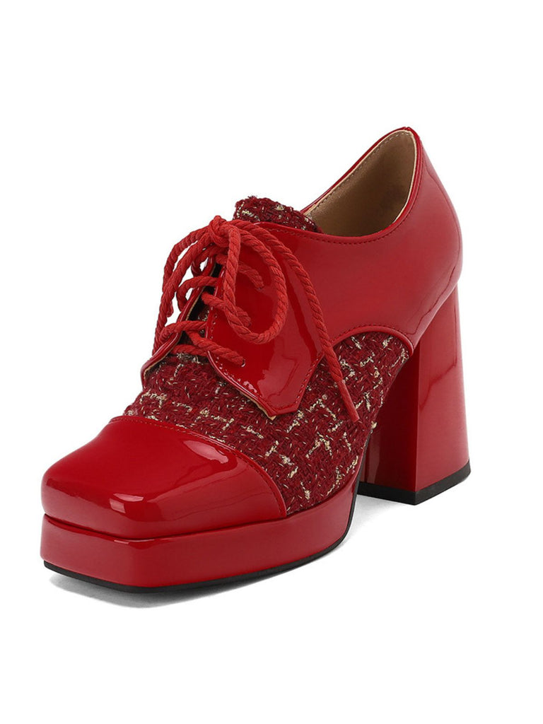 Mary Jane Kariert Quadratisch Zehen Block Absatz Schuhe