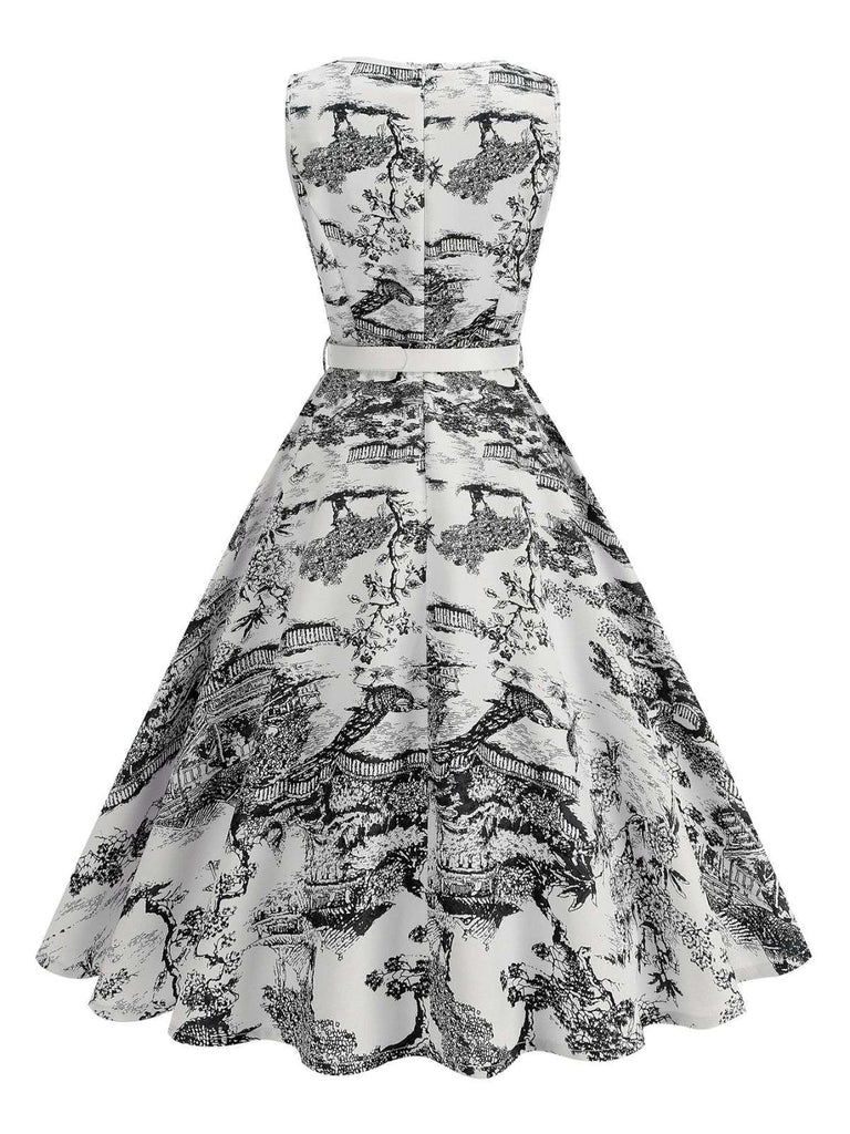 1950er Porzellan Landschaft Ärmellos Gürtel Kleid