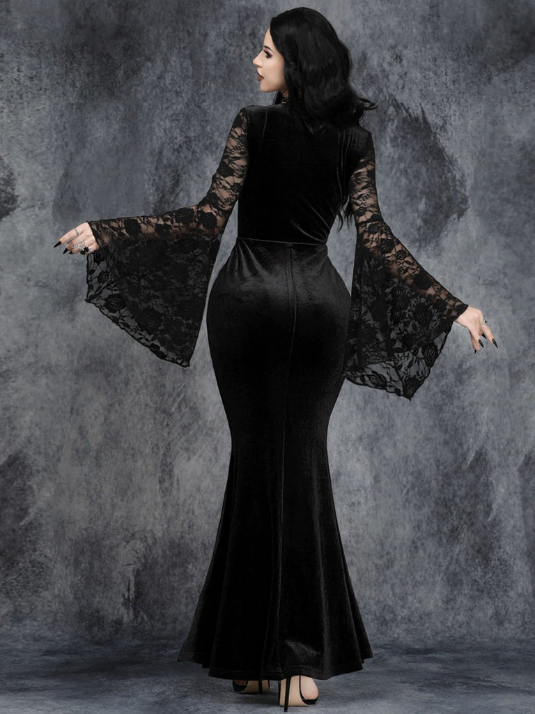 Schwarz 1930er Halloween Spitze Glockenhülse Enges Maxi Kleid