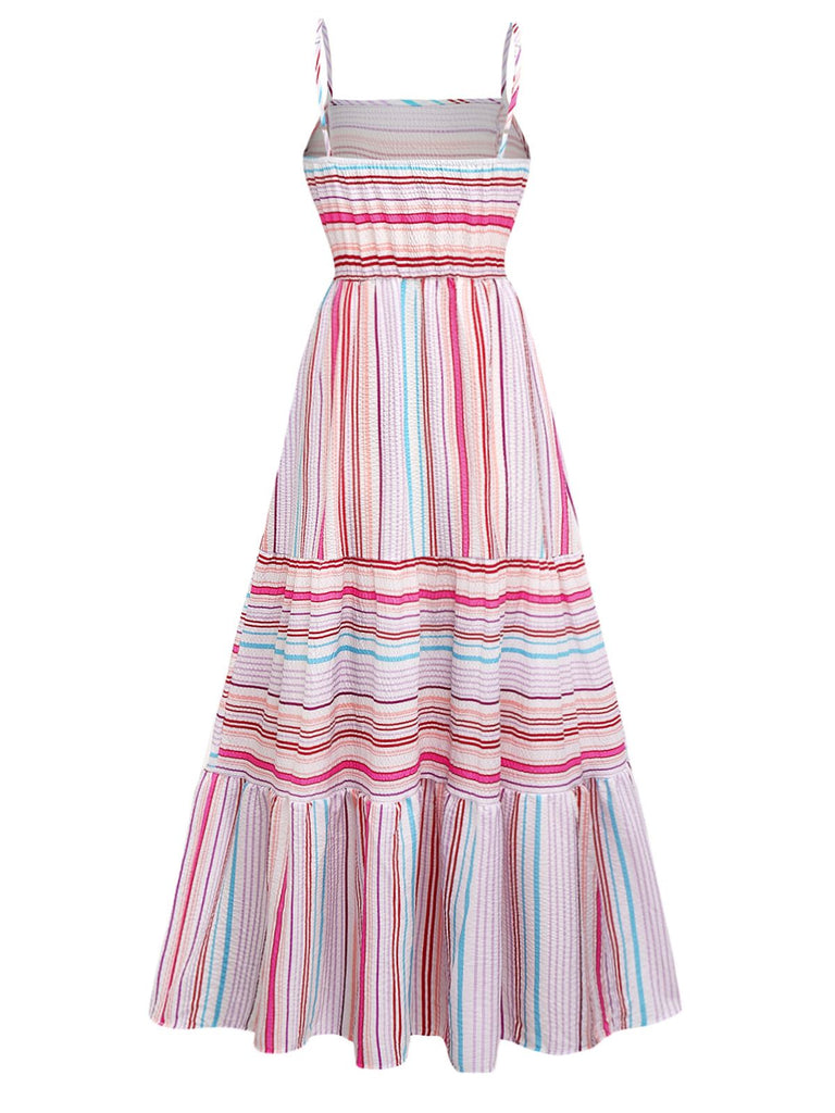 Rosa 1940er Regenbogen Streifen Spaghetti Träger Kleid