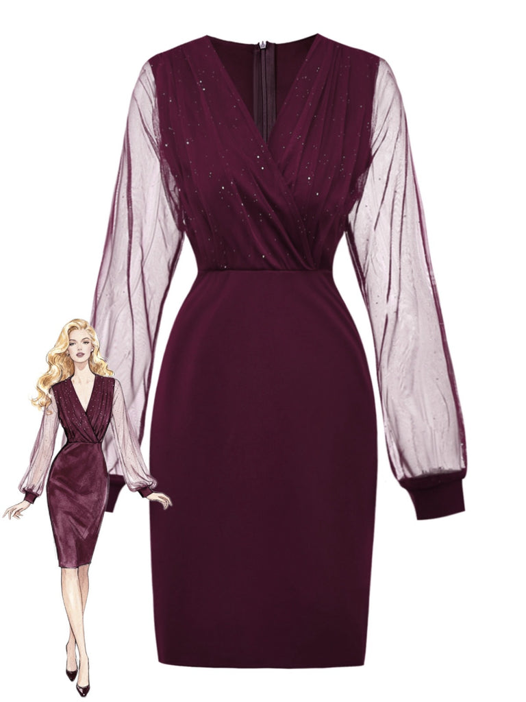 1960er Solide Glitzer V-Ausschnitt Netz Körperbetont Kleid