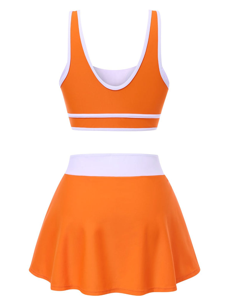 1940er Quadratischer Hals Seitenschlitz Farbblock Rock Bademode