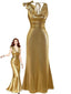 Gold 1930er Metallisch Texturiert Bogen Wasserfallkragen Kleid