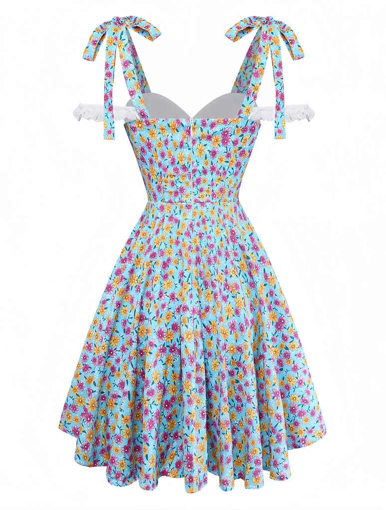 Blau 1960er Gänseblümchen V-Ausschnitt Schlitz Kleid