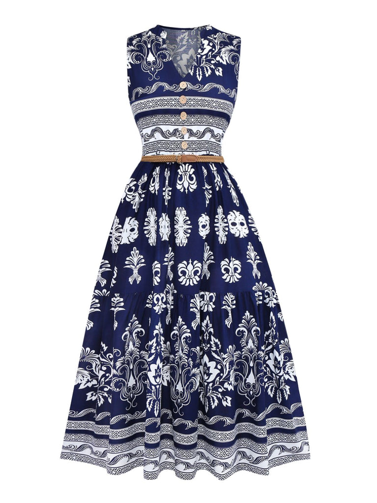 1970er Boho V-Ausschnitt Taste Gürtel Kleid