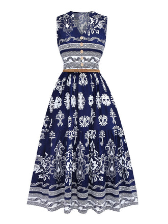 1970er Boho V-Ausschnitt Taste Gürtel Kleid