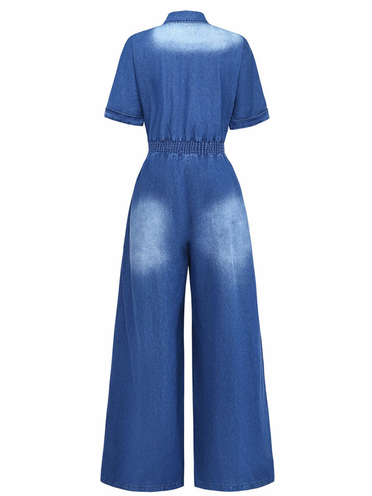 Denim 1970er Revers Knöpfe Gürtel Taille Jumpsuit