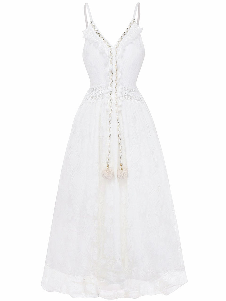 Weiß 1970er V-Ausschnitt Boho Spitze Maxi Kleid