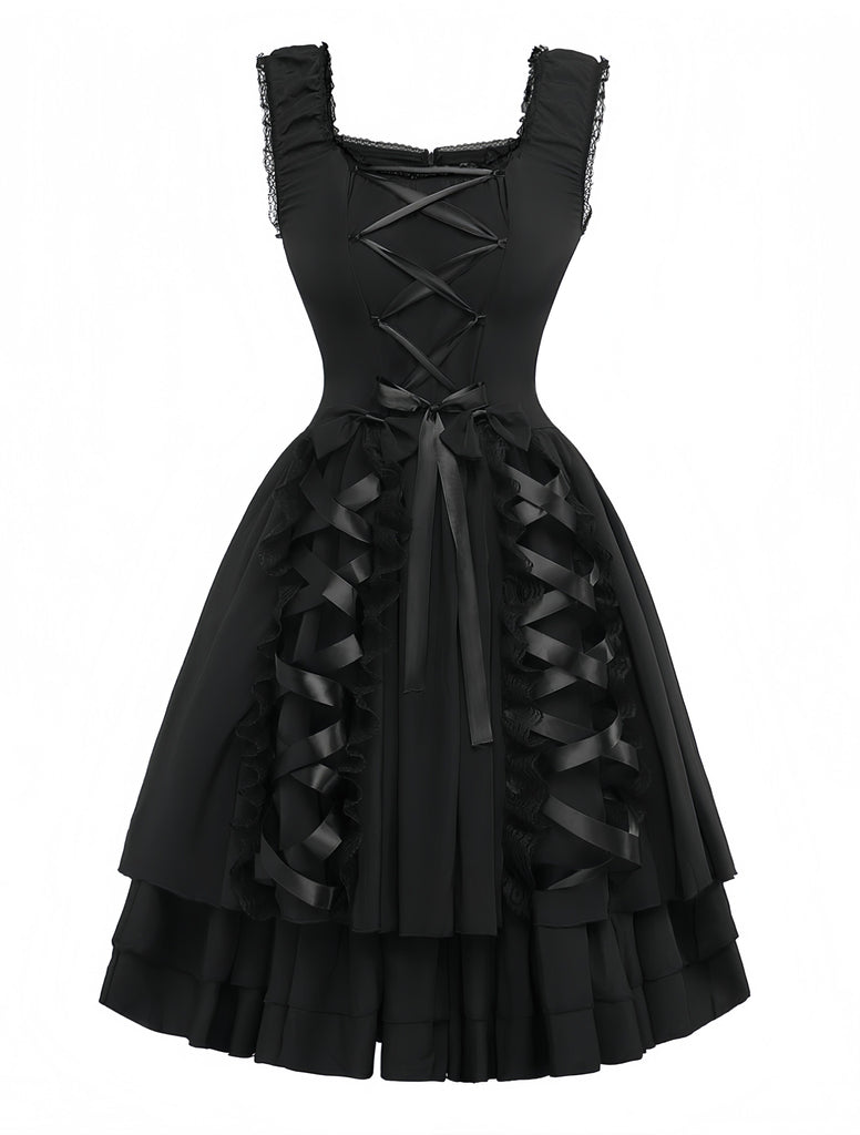 Schwarz 1950er Solide Gothic Schnürung Kleid