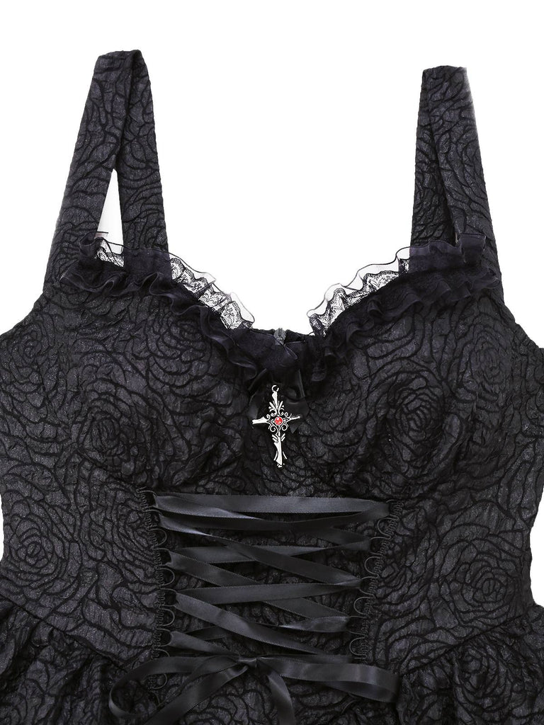 Schwarz 1950er Gothic Spitzen Bogen Tie Schnürung Kleid