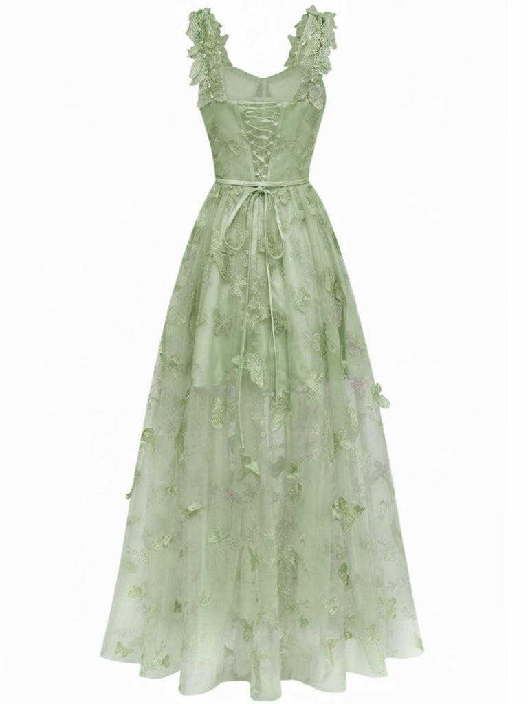 1930er Spaghetti Träger 3D Schmetterlinge Netz Maxi Kleid